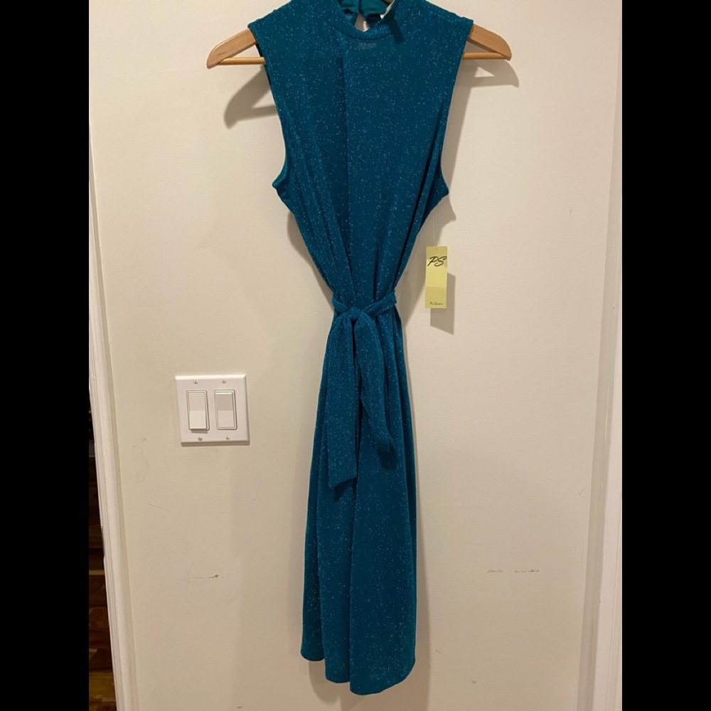 Teal sleeveless high neck dress
